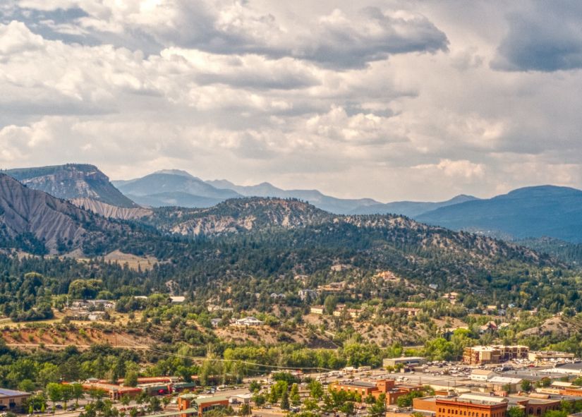 Aerial view of downtown Durango Colorado with historic main street architecture
